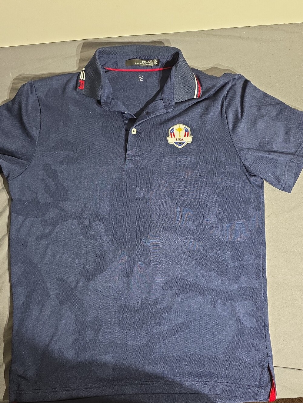 RLX Ralph Lauren Polo US Ryder Cup 2020 Team USA Golf Shirt Mens Sz Sm Blue Camo